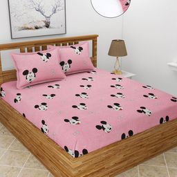 MORADO Pink & Black Cartoon Characters 210 TC Queen Fitted Bedsheet with 2 Pillow Covers-image-43