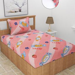 MORADO Pink & Blue Graphic 210 TC Single Fitted Bedsheet with 1 Pillow Covers-image-10