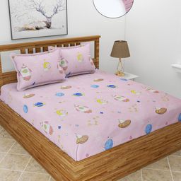 MORADO Pink & Blue Conversational 210 TC Queen Fitted Bedsheet with 2 Pillow Covers-image-74