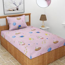 MORADO Pink & Blue Conversational 210 TC Single Fitted Bedsheet with 1 Pillow Covers-19