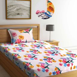 Arrabi Floral Printed TC 300 Cotton Blend Single Size Fitted Bedsheet with 1 Pillow Cover-16