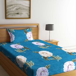 Arrabi Blue & Off White Floral 300 TC Single Bedsheet with 1 Pillow Covers-image-28