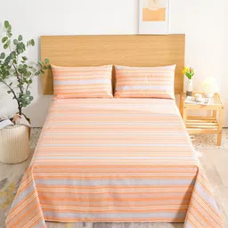 JC HOME Orange & White Striped 144 TC King Bedsheet with 2 Pillow Covers-picture-2