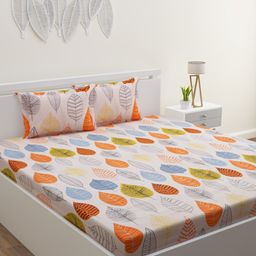 ROMEE Beige & Orange Floral 186 TC Microfiber Queen Bedsheet with 2 Pillow Covers-image-37
