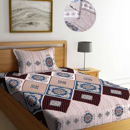Arrabi Beige Graphic 300 TC Cotton Blend Single Size Fitted Bedsheet with 1 Pillow Cover-36