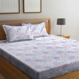 Arrabi White & Blue Floral 300 TC Super King Bedsheet with 2 Pillow Covers-image-82