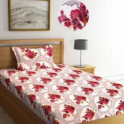Arrabi Cream-Coloured & White Floral 300 TC Fitted Single Bedsheet with 1 Pillow Covers-48