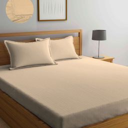 Arrabi Cream-Coloured Striped 300 TC King Bedsheet with 2 Pillow Covers-image-7
