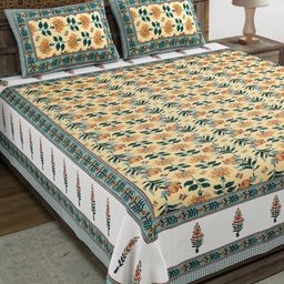 BLOCKS OF INDIA Green & Mustard Floral 210 TC King Bedsheet with 2 Pillow Covers-image-92