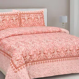 Lali Prints Peach & White Ethnic Motifs 210 TC Cotton King Bedsheet with 2 Pillow Covers-image-56