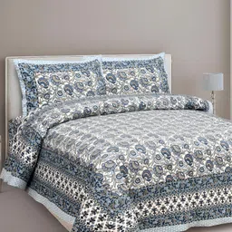 Lali Prints Blue & White Floral 210 TC Cotton King Bedsheet with 2 Pillow Covers-image-53