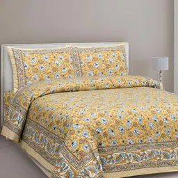 Lali Prints Yellow & Blue Floral 210 TC Cotton King Bedsheet with 2 Pillow Covers-image-81