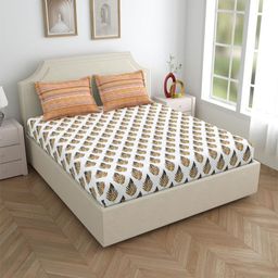 Salona Bichona Brown Floral 144 TC Pure Cotton Fitted King Bedsheet with 2 Pillow Covers-image-67