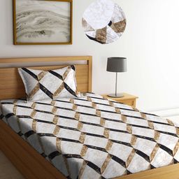 Arrabi Brown Geometric 300 TC Cotton Blend Single Size Fitted Bedsheet with 1 Pillow Cover-image-60