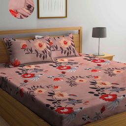 Arrabi Brown & Peach-Coloured Floral 300 TC King Bedsheet with 2 Pillow Covers-48