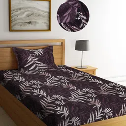 Arrabi Brown Leaf 300 TC Cotton Blend Single Size Fitted Bedsheet with 1 Pillow Cover-image-79