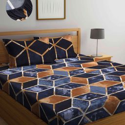 Arrabi Brown & Navy Blue Geometric 300 TC King Bedsheet with 2 Pillow Covers-30