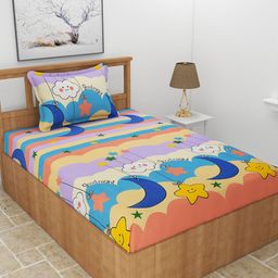 MORADO Purple & Green Cartoon Characters 180 TC Single Bedsheet with 1 Pillow Cover-image-30
