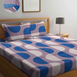 Arrabi Grey & Blue Geometric 300 TC King Bedsheet with 2 Pillow Covers-image-84