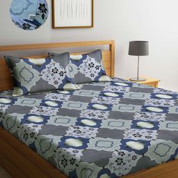 Arrabi Grey & Blue Graphic 300 TC King Bedsheet with 2 Pillow Covers-image-76