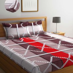 Arrabi Purple & Red Geometric 300 TC King Bedsheet with 2 Pillow Covers-image-23