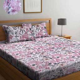 Arrabi Cream-Coloured & Green Floral 300 TC King Bedsheet with 2 Pillow Covers-image-24