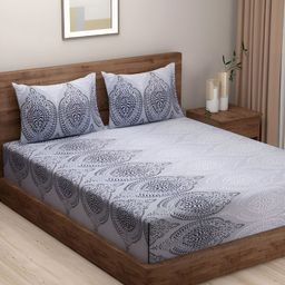 Aura Blue & Black Ethnic Motifs Cotton 200 TC King Bedsheet With 2 Pillow Covers-image-31