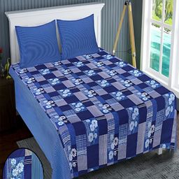 Kuber Industries Blue & White Floral 300 TC Queen Bedsheet with 2 Pillow Covers-image-67