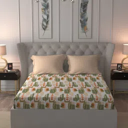 MYTRIDENT Beige & Green Floral 120 TC Cotton Queen Bedsheet with 2 Pillow Covers-image-78