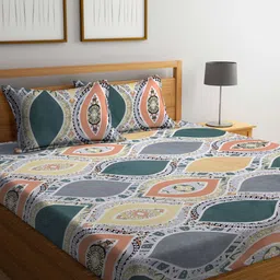 FABINALIV Green & Peach-Coloured Printed 300 TC King Bedsheet & 2 Pillow Covers-18