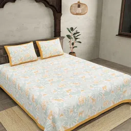 JAIPUR FABRIC Yellow & White Floral Cotton 300 TC King Bedsheet with 2 Pillow Covers-image-11