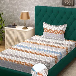 KLOTTHE White Geometric-Printed 300TC Fitted Single Bedsheet & Pillow Cover-15