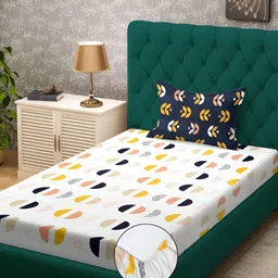 KLOTTHE White & Blue Geometric Printed Fitted 300 TC Single Bedsheet With Pillow Cover-picture-55