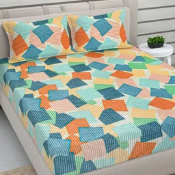 FABINALIV Blue & Orange Geometric 300 TC King Bedsheet with 2 Pillow Covers-image-26