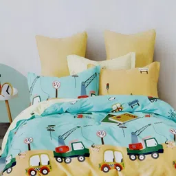RRC Yellow & Turquoise Blue Cartoon Characters 144 TC Queen Bedsheet with 2 Pillow Covers-image-18