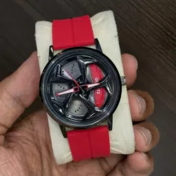 ABREXO Rotating Dial Analog Watch for Men | Stylish Car Wheel |Quartz Movement Analog Watch - For Men Abx9968 BK Dial Car Wheel Watch Red Silicon Strap image 2