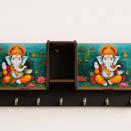 Ganesh Ji 2 Pocket Pen Stand 7 Hook In Blue Print Wood Key Holder-image-95