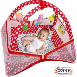 odelee Bedding Set with Foldable Mattress, Mosquito Net and Pillow Red Polka dots Baby Mosquite Bedding Polka Dots image 2