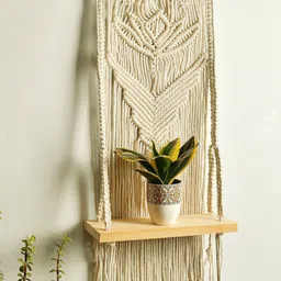 Decazone Beige Woven Macrame Wall Hanging With Floating Shelf & Modern Wooden Dowel-picture-5