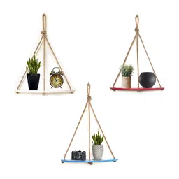 VAH Kya Bat Hai !! Blue & Red 3 Pieces Wooden & Rope Hanging Wall Shelves-14