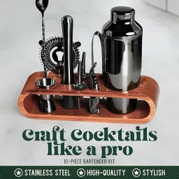 lifelong Bartender Kit 10-Piece Bar Tool Set with Mahogany Stand Bar Set image 2
