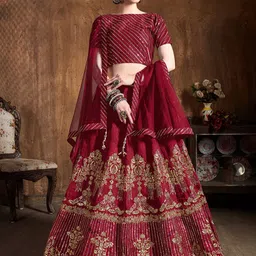 FABPIXEL Red & Gold-Toned Embroidered Thread Work Semi-Stitched Lehenga & Unstitched Blouse With Dupatta image 1