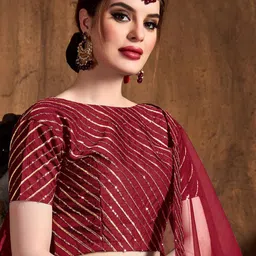 FABPIXEL Red & Gold-Toned Embroidered Thread Work Semi-Stitched Lehenga & Unstitched Blouse With Dupatta image 2