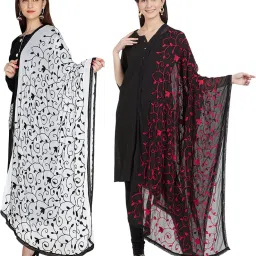 Chiffon Self Design Black, White Women Dupatta-image-6