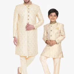 VASTRAMAY Ethnic Motifs Woven Design Straight Sherwani Set-image-32