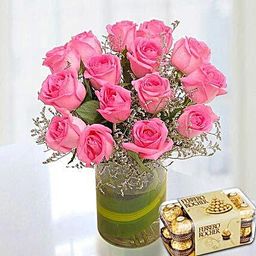 Pink Roses Arrangement With Rocher-image-15