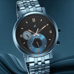 Fastrack Men Black Brass Dial & Blue Bracelet Style Straps Analogue Wrist Watch-58