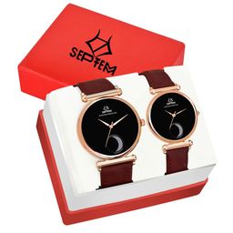 Septem Unisex Black Embellished Dial & Brown Leather Straps Analogue Watch Gift Set-image-100