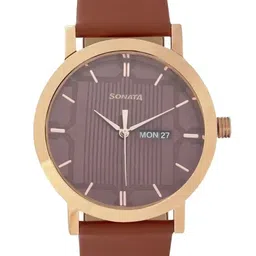 Sonata Men Round Dial & Leather Straps Analogue Watch- 77108WL02-41