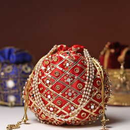 LIKAA Red And Gold Toned Stones And Mirror Embellished Potli Clutch-18